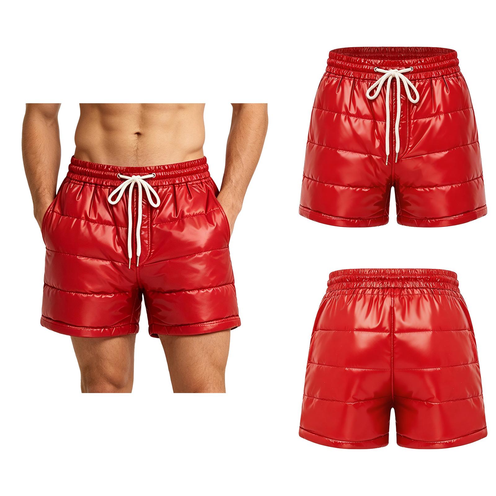 Herren Daunen Boxer Shorts mit Kordelzug Elastischer Bund Gepolsterte Polster Shorts Seitentaschen Auslaufsicherer Boden für Winter Indoor L rot