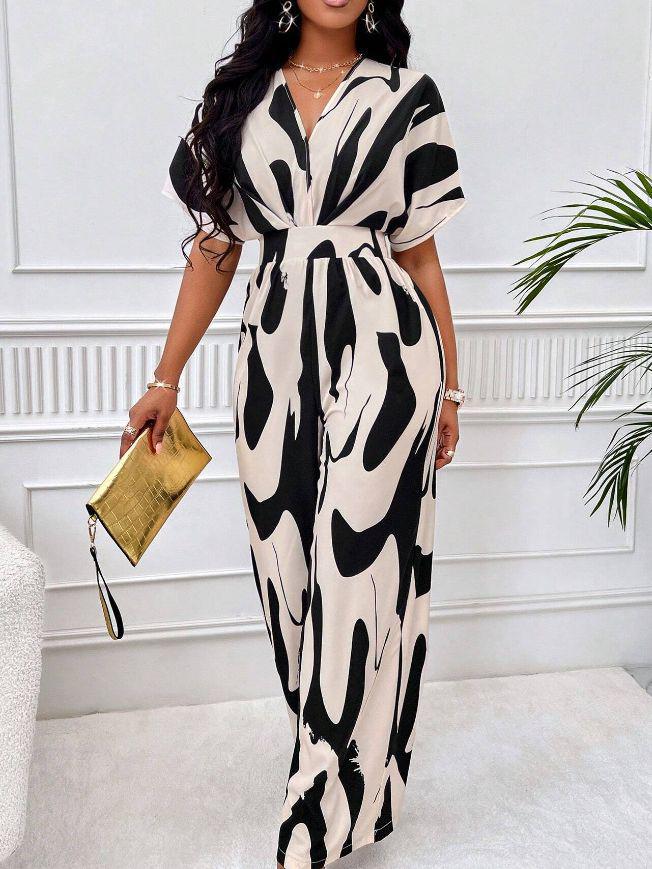 European & American Women's Full Print Batwing Sleeve Wide Leg Jumpsuit - Fashionable & Versatile