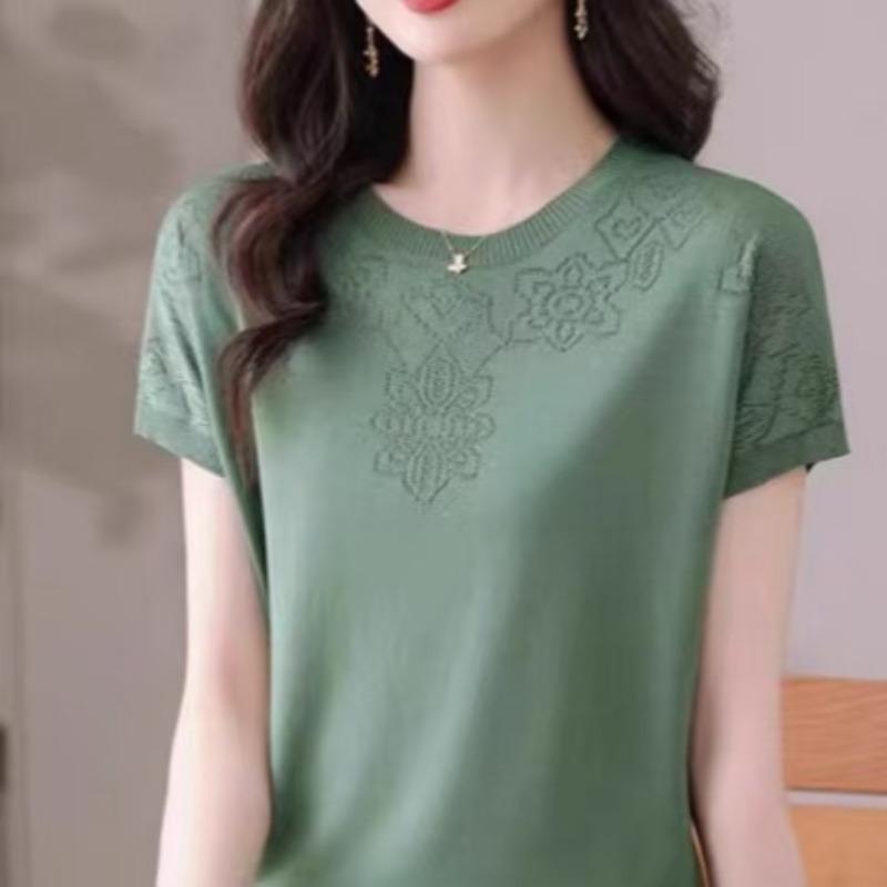 Rundhals Dünnes Lockeres Kurzarm-T-Shirt Damen Eisseide Strickpullover