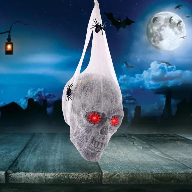 Spooky Halloween Yard Decors Spooky Halloween Party Accessory Skull Ornament with Cobweb and Sound Interaction