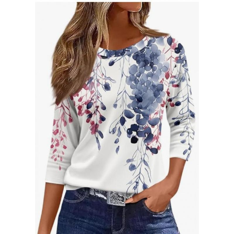 Spring and Summer New Women's Slim Fit Imitation Cotton Round Neck Printed Solid Color Three-quarter Sleeve Long Sleeve