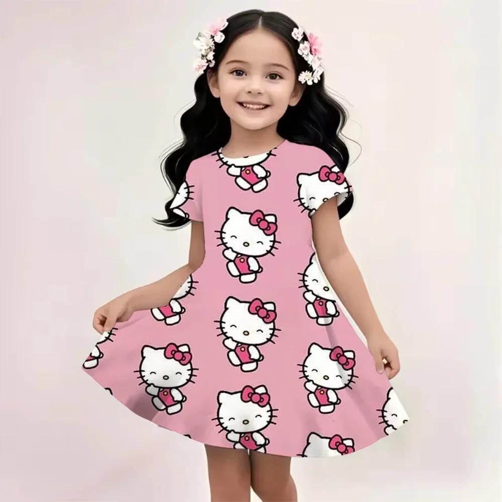 2025 Summer Girls Dress Fashion Cartoon Cute Cinnamoroll &Hello Kitty 3D Printing Dresses Kids Short Sleeve Princess Clothing