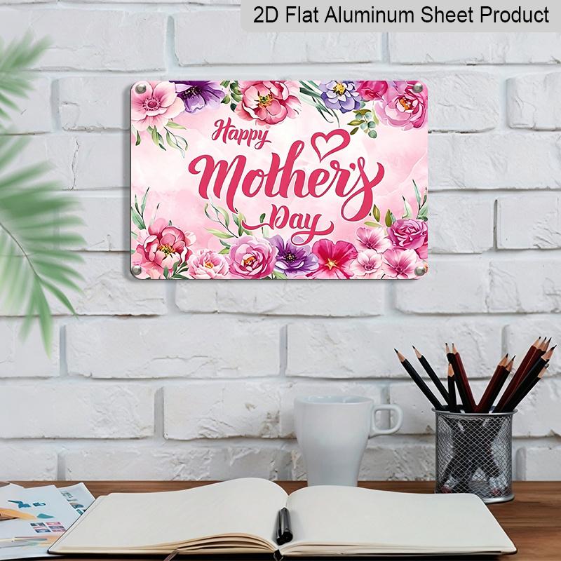 2D Flat, 1pc "Happy Mother's Day" Watercolor Floral Plaque, 12"×8" - Pink & Purple Flower Decor Sign - Aluminium Wall Hanging Decoration, Mother's