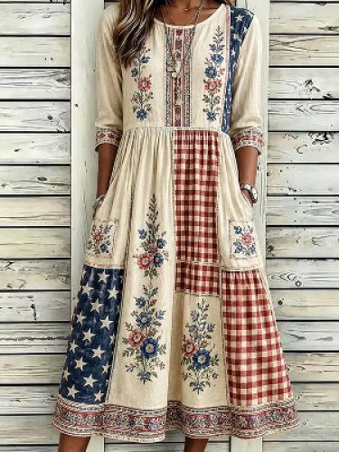Ladies retro splicing plaid star flower print round neck seven-quarter sleeve cotton and linen long dress loose meat cover dress S
