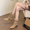 Fashion Design High-end  Retro Pleated Pointed Toe Mid-Calf Women's Boots Suede Short Boots Fashionable Autumn Winter Style Rubber Sole