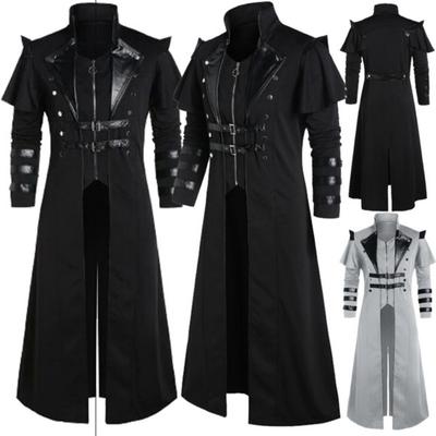 Vintage halloween medieval steampunk assassino elfos pirata traje adulto homem preto longo split jaqueta armadura gótica casacos de couro