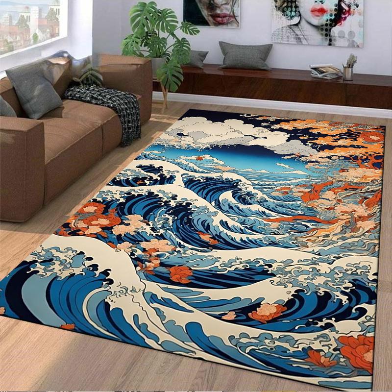 Japanese Wave and Flower Pattern Carpet, Ocean Scenery Rug Decor Suitable for use as an anti-slip for living room bedroom sofas