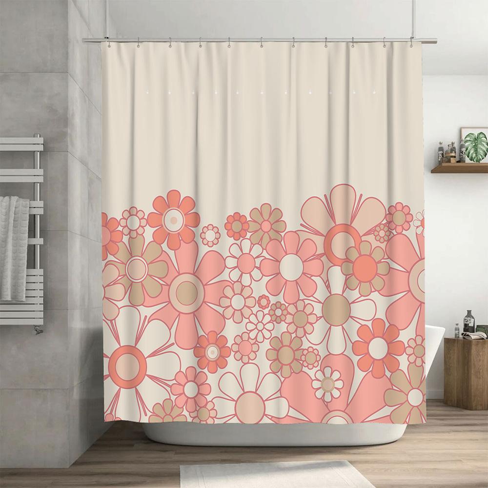 Vintage-Style Flower Shower Curtain With Warm Pink Blooms For Bathroom Decor – Waterproof Fabric, Adjustable Ring Holder Set Inc