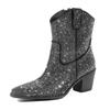 IPPEUM Rhinestone Boots Cowboy Women Black Ankle Design Chunky Heel Ponited Toe Size 43 New In Women's Western Boots
