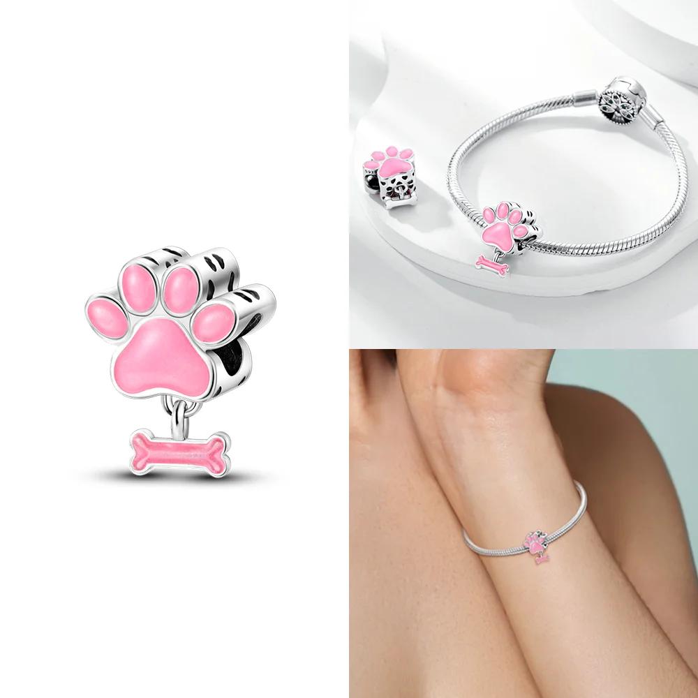 Copper Bracelet Jewelry Diy Accessories Beads Original Pink Zircon Hollow Out Heart Engraved Girl With Cat Hug Dog Paws Bead