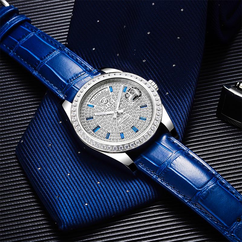 Start Gypsophila-Uhr, modische Herrenuhr, Diamant-Zifferblatt, automatische mechanische Uhr, Lederuhr, wasserdicht, Datums- und Wochenfunktion