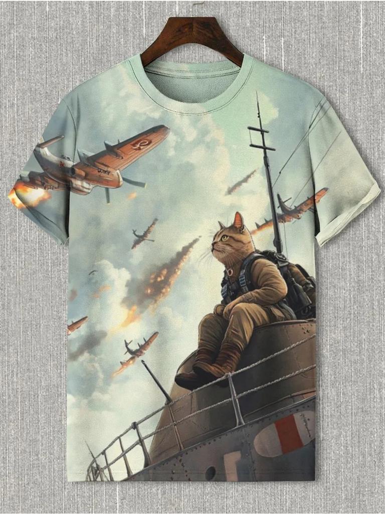 Summer Men's Funny Animal Cat Printed T Shirt Short Sleeved Tees Tops 3D Print O-Neck Shirts Party Casual Men's Clothing Apparel