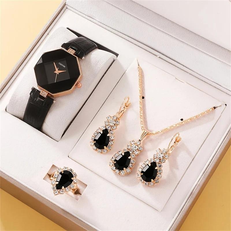 

5pcs Set Watches Set Luxury Rhinestone Women Fashion Elegant Wristwatch Quartz Watch For Girl Ladies Clock Relogio чёрный