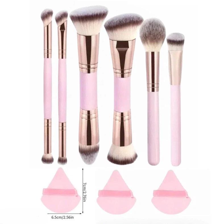 5 Double-Ended Makeup Brushes: Foundation, Blush, 3-Color Contour, Soft Bristle, Loose Powder, Beauty Tool Set