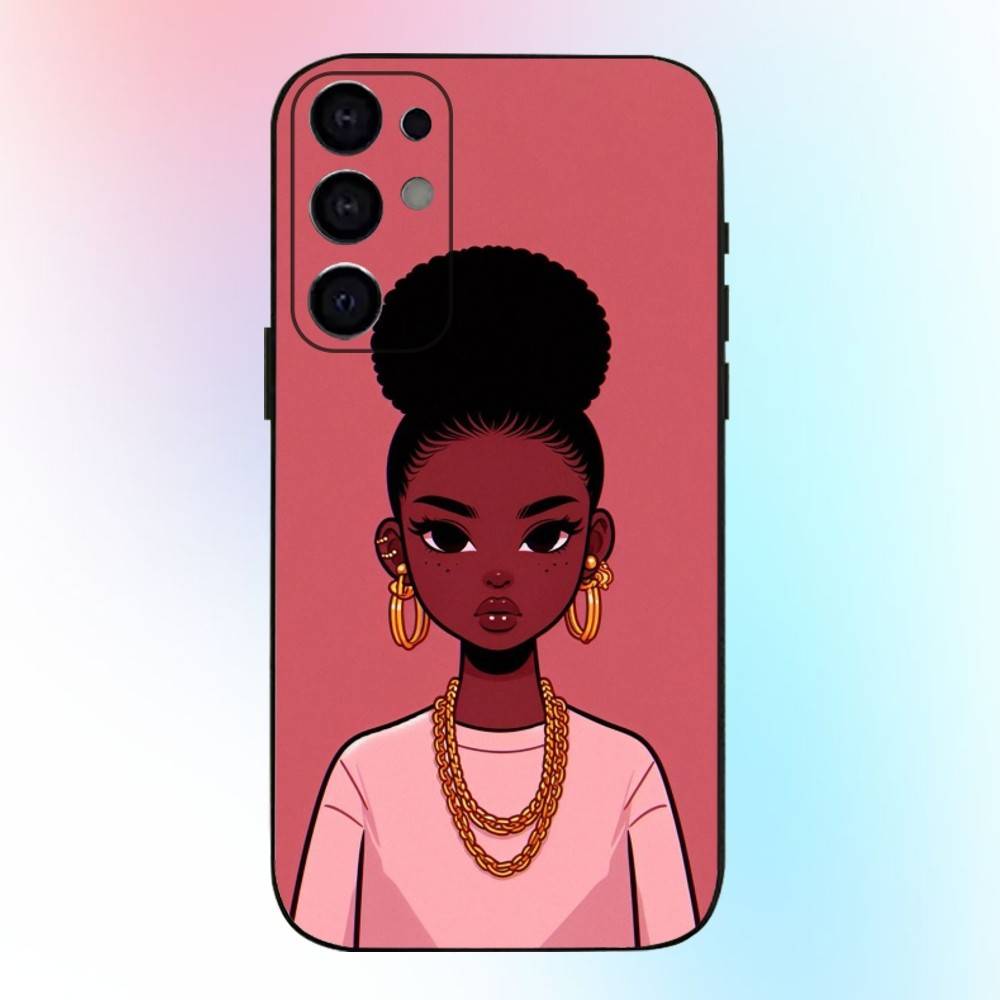 Afro Black Girls Cartoon Phone Case For Samsung S25,S24,S21,S22,S23,S30,Ultra,S20,Plus,Fe,Lite,Note,10,9,5G Black Cover