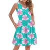 Women's Summer Fashion Casual V-Neck Pleated Stitching Hawaiian Floral Print Sleeveless Pocket Vest Dress