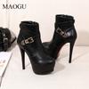 Women's Black Stiletto Ankle Boots Round Toe Buckle Strap High Heel Platform Boots Side Zipper Female Short Botas Botte Femme