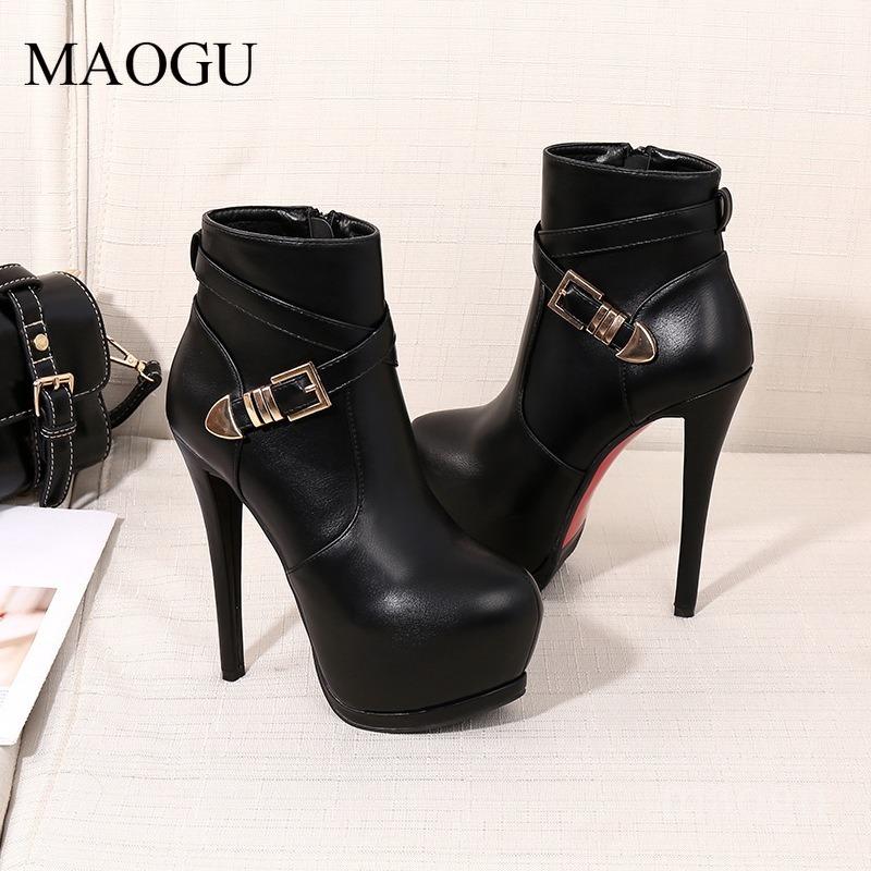 Women's Black Stiletto Ankle Boots Round Toe Buckle Strap High Heel Platform Boots Side Zipper Female Short Botas Botte Femme