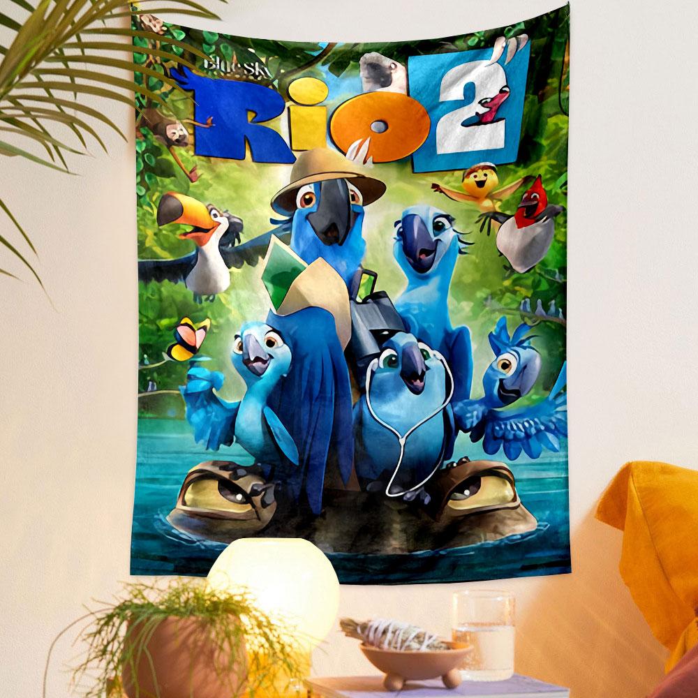Rio 2 Movie Tapestry Wall Hanging, Blue Macaw Jungle Family Art, Colorful Cartoon Wall Decor for Kids Bedroom Playroom