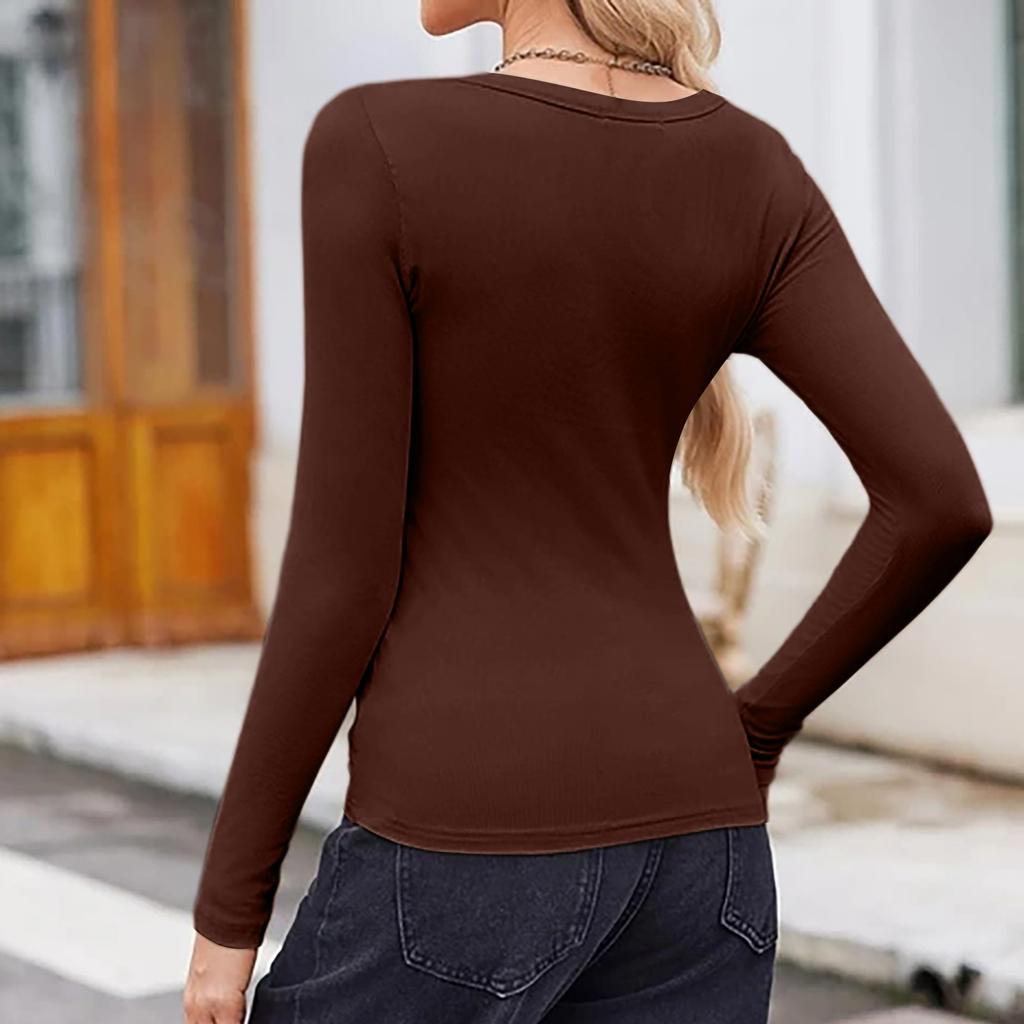Ladies' Casual And Fashionable Solid Color Long Sleeved Base Shirt With V-shaped Collar Top