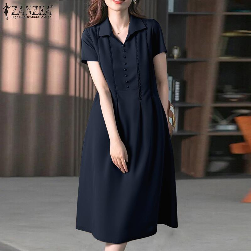 ZANZEA Women Summer Turn Down Collar Loose Casual Short Sleeve Dress