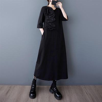 Short Sleeve Plus Size Black Vintage Floral New In Dresses for Women Casual Loose Long Summer Dress
