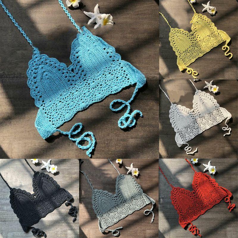 Crochet Women Lace Vest Crop Top Knitted Bra Boho Beachwear Bikini Holiday Tank
