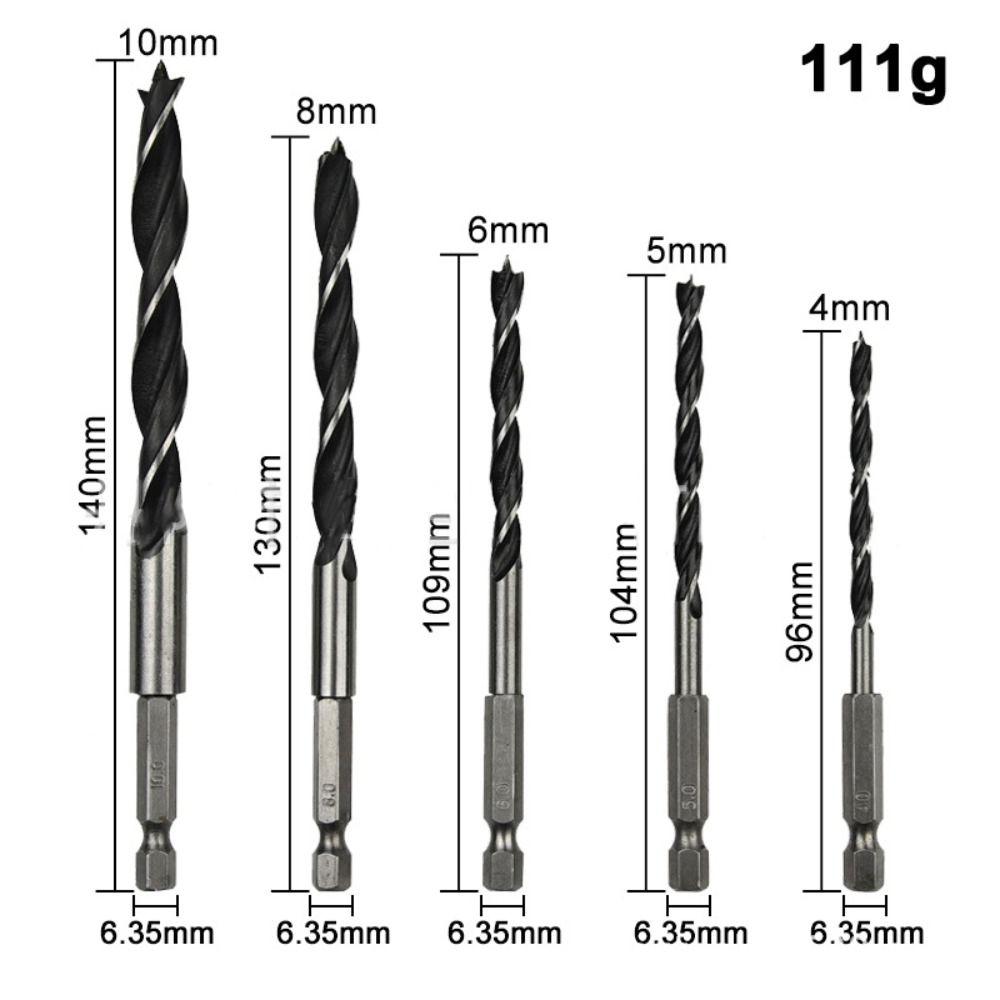 5PCS 4/5/6/8/10mm Three-pointed Woodworking Drill 1/4" Hex Shank Twist Dril Bit Wood Hole Opener