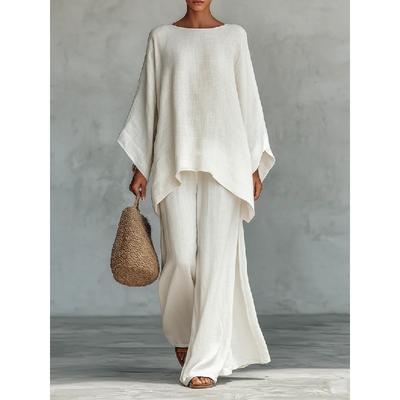 2026 New Women's Simple Loose Linen Blend Shirt and Wide-Leg Pants Set