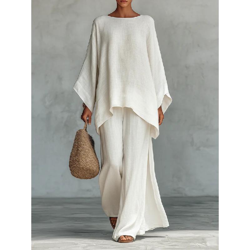 2026 New Women s Simple Loose Linen Blend Shirt and Wide-Leg Pants Set S белый