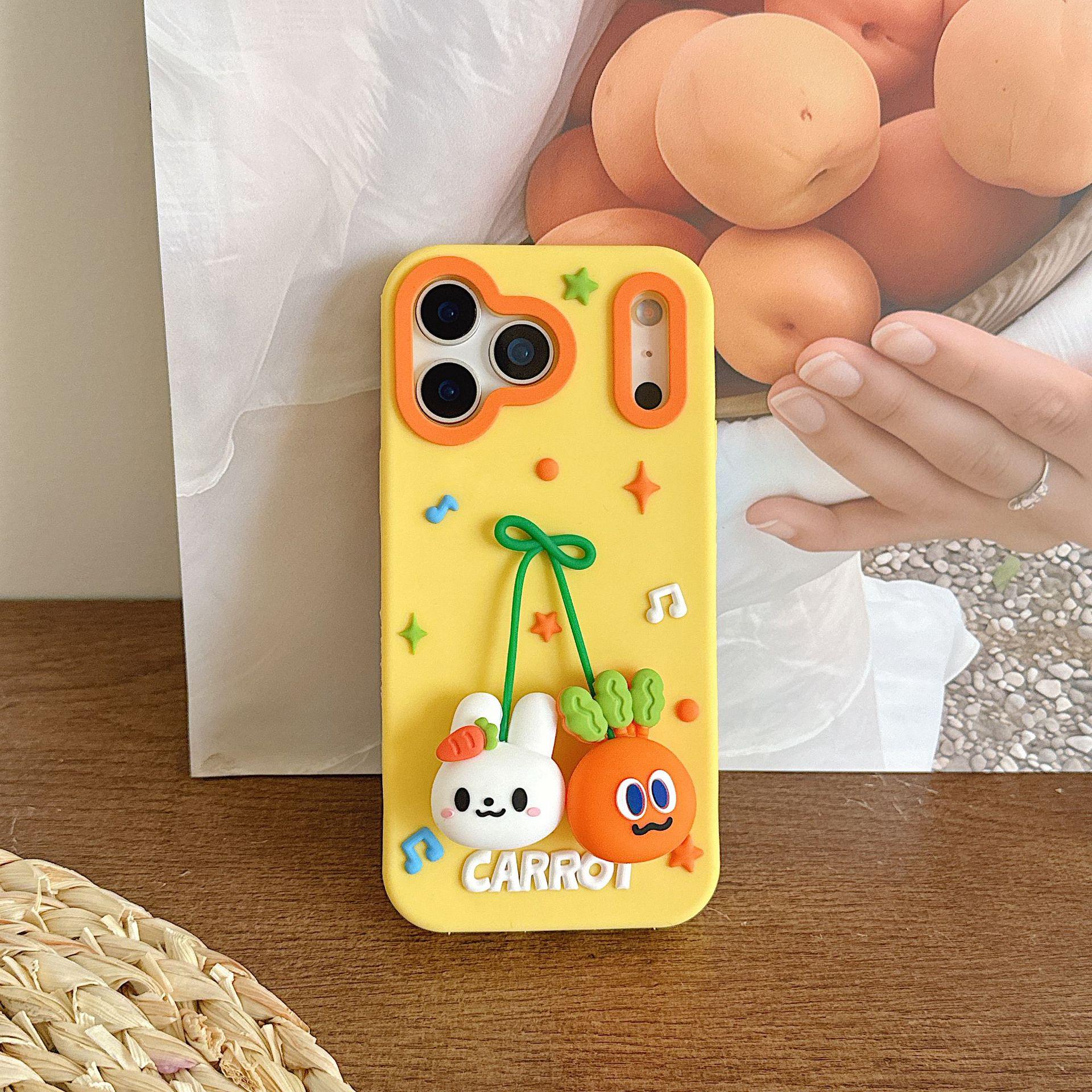

3D Cartoon Rabbit & Radish Pendant for iPhone 17 Pro Max/16 Pro Case. iPhone 14