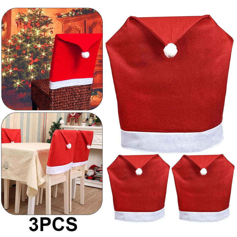 3Pcs Christmas Dining Chair Cover Santa Claus Hat Chair Slipcover for Xmas Home Decor