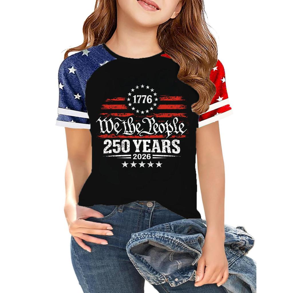 Kids Independence Day Printed Crew Neck Short Sleeve Casual T Shirt USA Map Graphic Raglan Sleeves Tee for Boys Girls Summer Wear