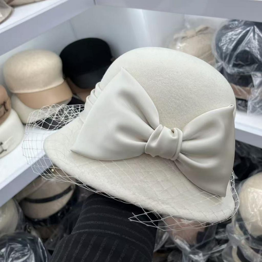 French elegant mesh bow 100% wool bucket hat women's autumn and winter Hepburn basin hat temperament celebrity top hat