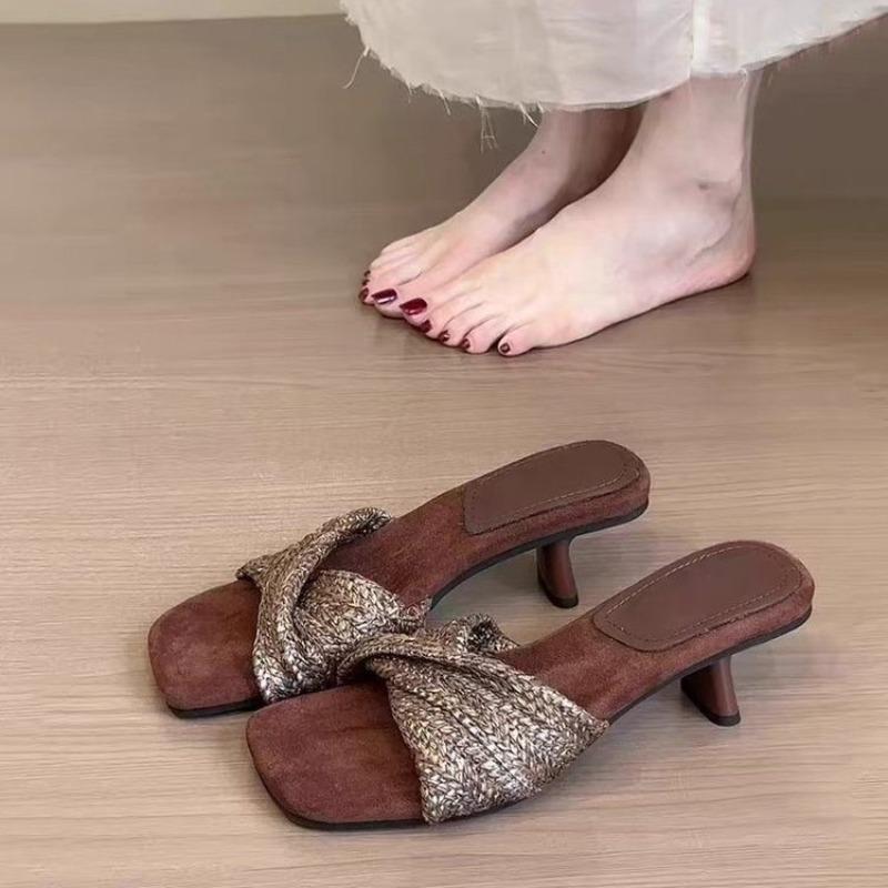 Fashion Vintage Woven One-Line Slide Sandals for Women Summer Outside Open Toe Square Toe French Block Heel Sandals