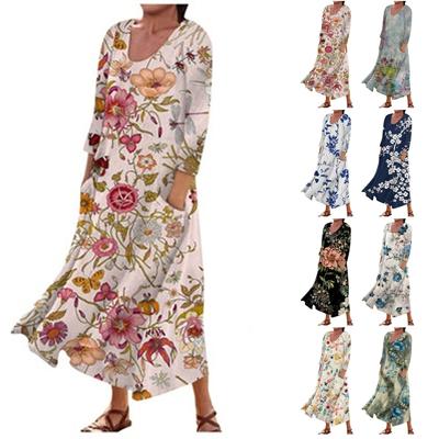 Women's Fashion Casual Print Round Neck 3/4 Sleeve Loose Pocket Dress
