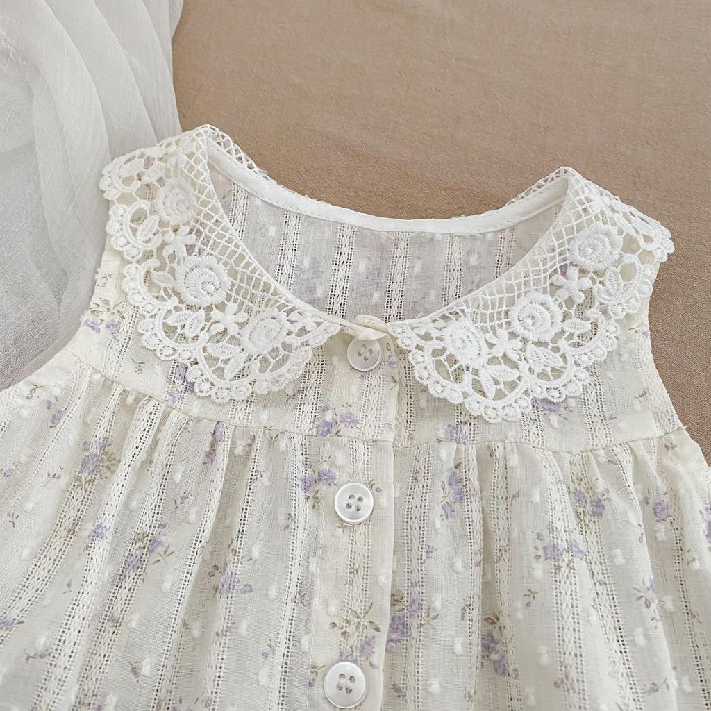 Girls Summer Floral Lace Collar Top and Ruffled Shorts Set