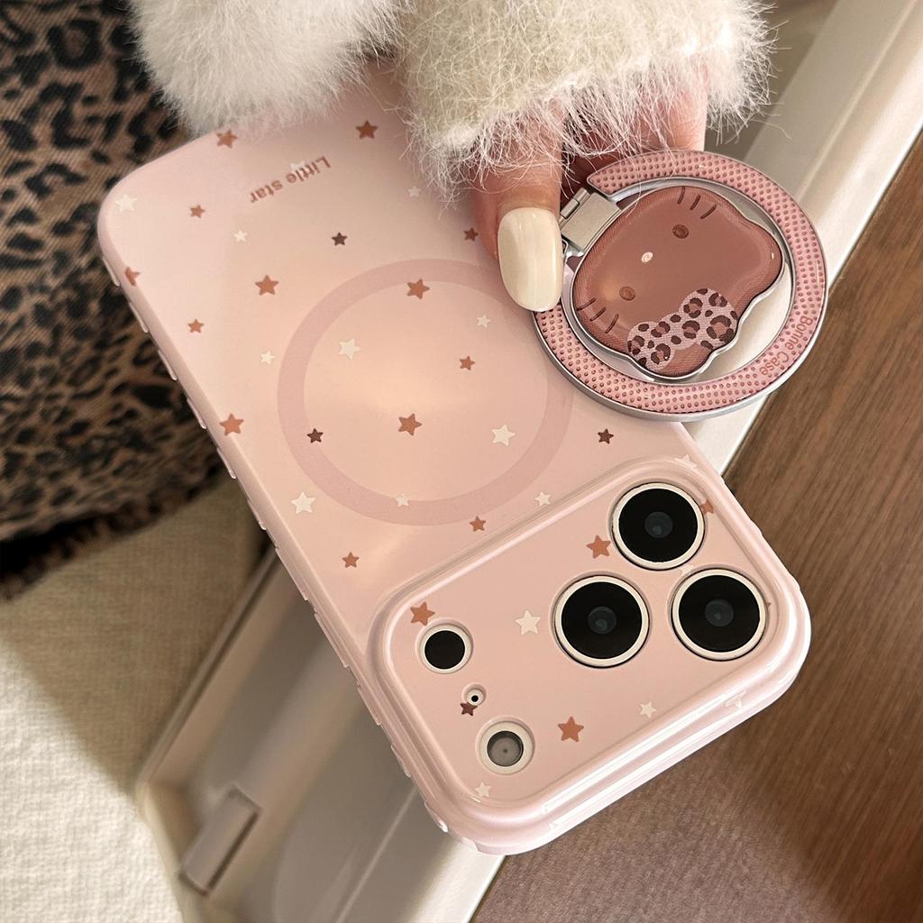 Pink Leopard Print Magnetic Phone Case with Stand for iPhone 16 Pro/13/15 - Cartoon Design