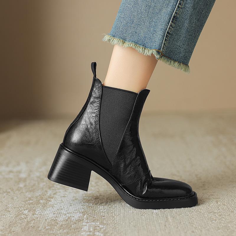 French thick heel high heels short boots women's spring and autumn single boots black boots square head chelsea boots