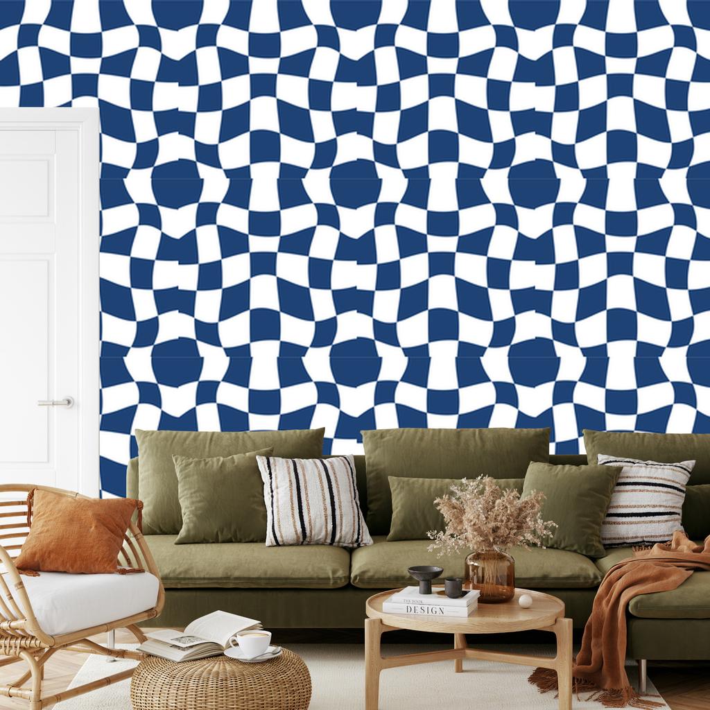 Wallpaper Casual Checkerboard Blue and White for Living Room and Bedroom 50x1000