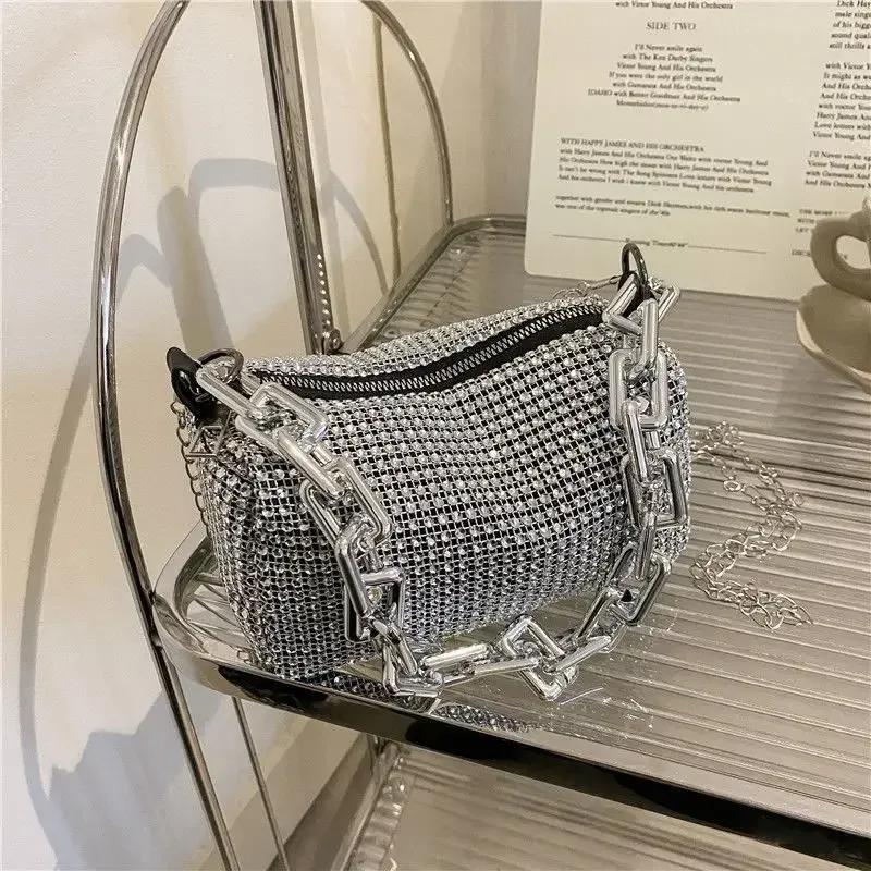Bøtteveske med strass overalt, Glitterkjede ballveske, Mini crossbody-veske for kvinner