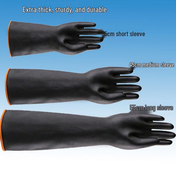 Black Extra Long & Thick Acid/Alkali-Resistant Rubber Gloves - Waterproof & Durable for Industrial Use
