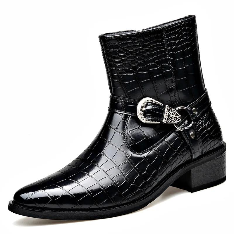 Mode Große Größe Schnalle Designer Leder Chelsea Stiefel Männer Mode Lässig Schwarz Herbst Witner Kleid Schuhe Mann Stein Muster Stiefeletten