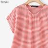 ZANZEA Women Grid Print Casual Round Neck Loose Short Sleeve Blouse