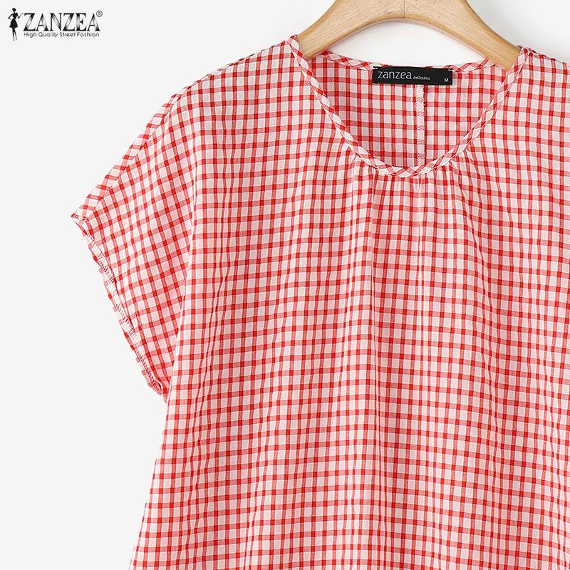 ZANZEA Women Grid Print Casual Round Neck Loose Short Sleeve Blouse