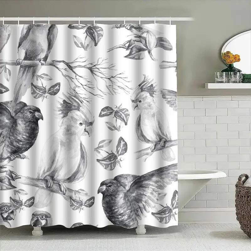 

Black White Birds Shower Curtain Watercolor Floral Print Home Decor Bathroom Decoration Custom Size Available W90xH180cm