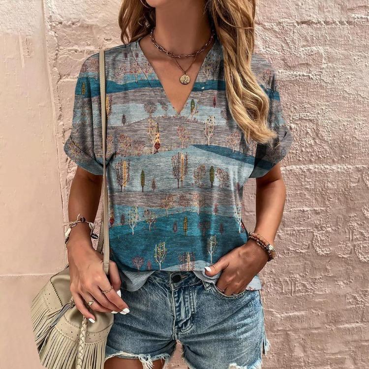 Retro Harajuku Women's Casual V-Neck Short Sleeve Summer Streetwear Pullover T-Shirt Tops New Fashion Stripe Print Tee