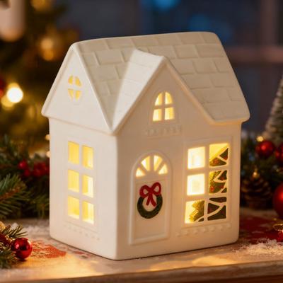 Christmas Mini Village House Figurine LED Lighted Winter Resin Town Cottage Tiny Desktop White House Ornament for Home Shelf Cabinet Table Decor