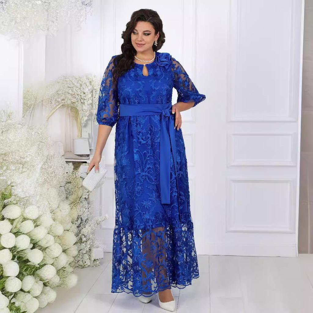 Plus Size  New European American Style Heavy Lace Embroidery Cocktail Evening Dress Two-piece Set for Women