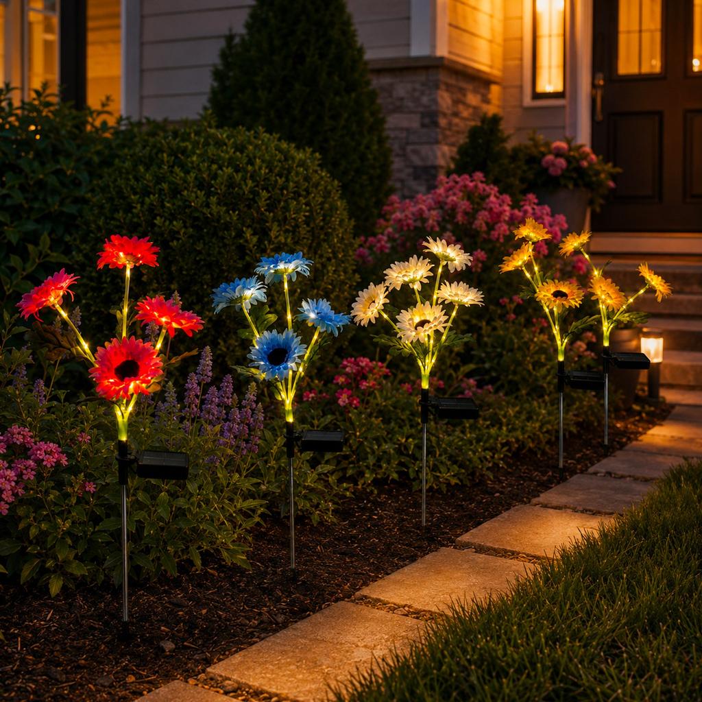 Solar Powered Daisy Flower Garden Lights Outdoor Waterproof Landscape Lawn Decorative Lighting with Stake for Yard Patio Pathway